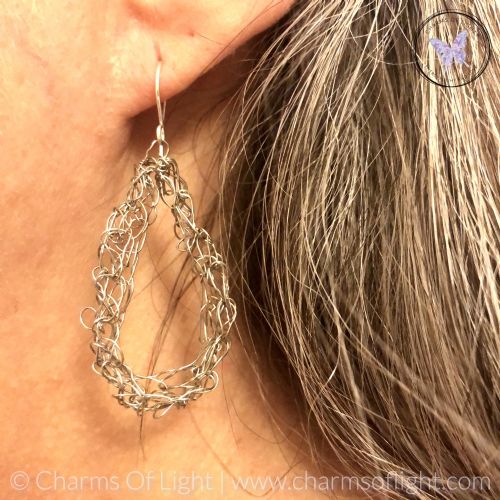 Silver Wire Crochet Teardrop Earrings